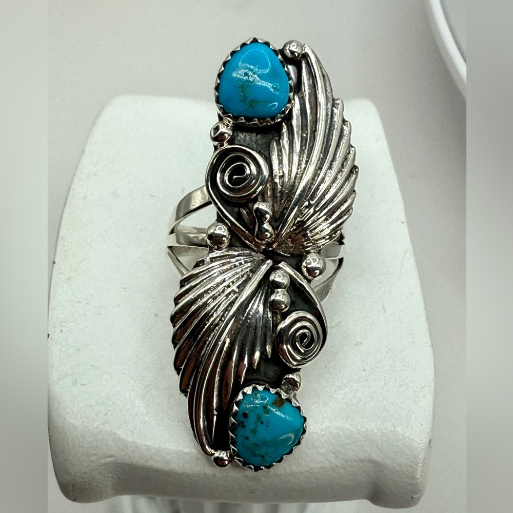 Vintage Native American Navajo Harris Largo Sterling Silver Ring with Turquoise - Picture 2 of 16